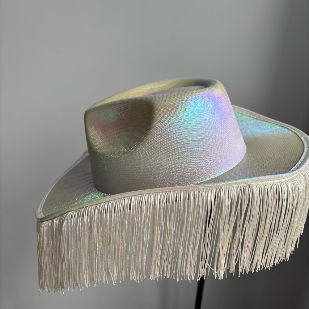Bachelorette white shimmer Cowboy Hat with Fringe for BRIDE - Picture 5 of 5